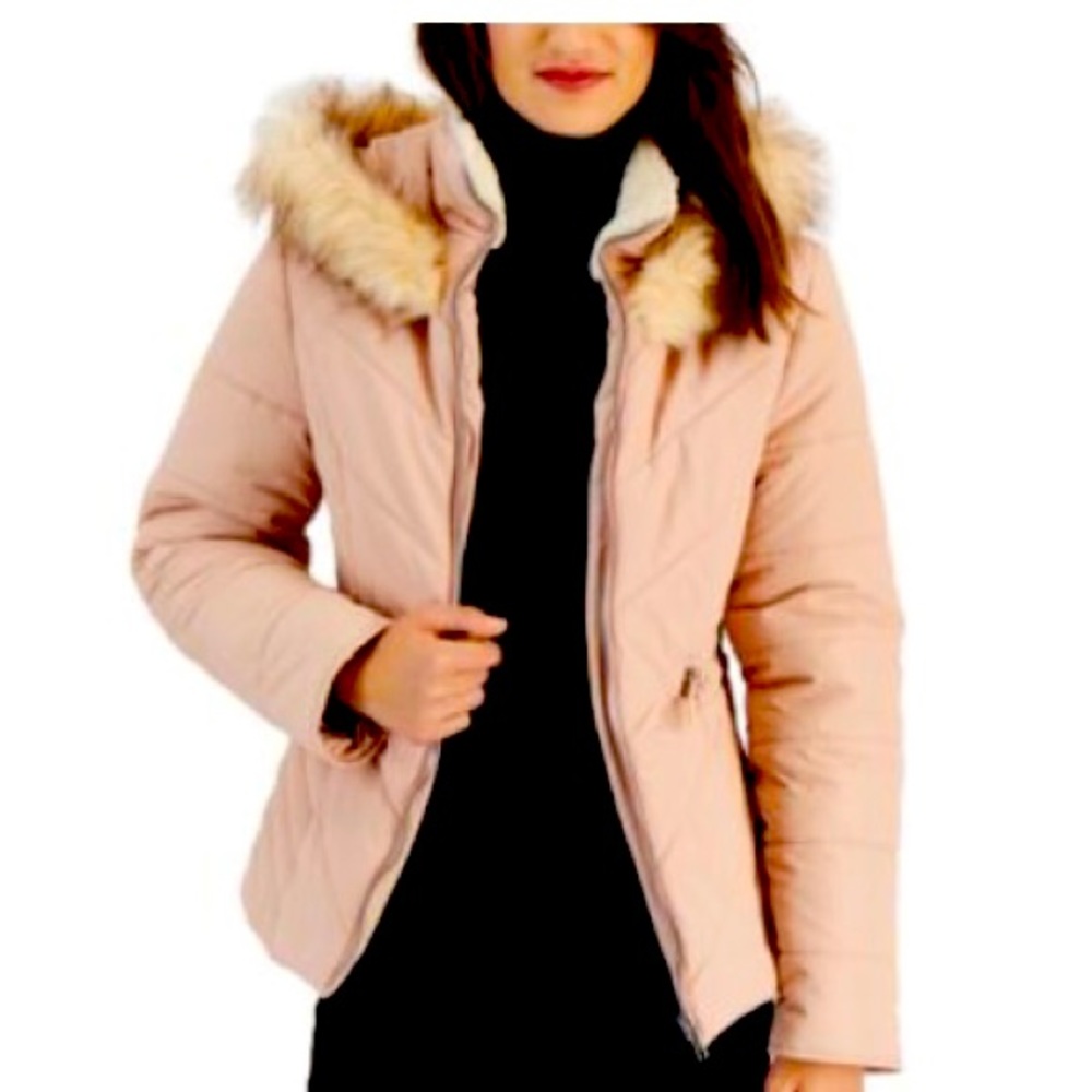 Marilyn & Me Juniors 'Faux_Fut_Trim Hooded Fuffer Coat